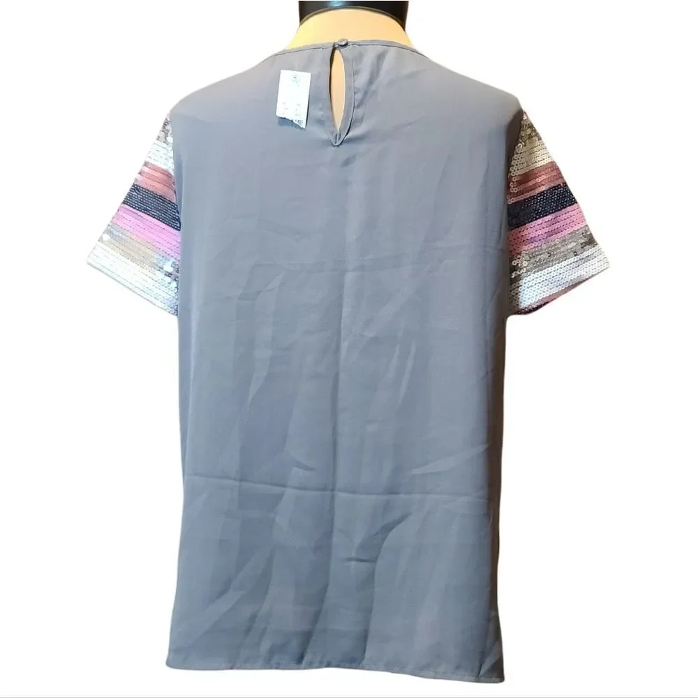 New York & Company Striped Sequined Top, pink, white, blue, silver, grey, NWT Me